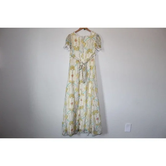 Vintage Floral Prairie Peasant Lace Maxi Dress Bridgeton Ivory Women's 13 H14102 - Picture 7 of 11